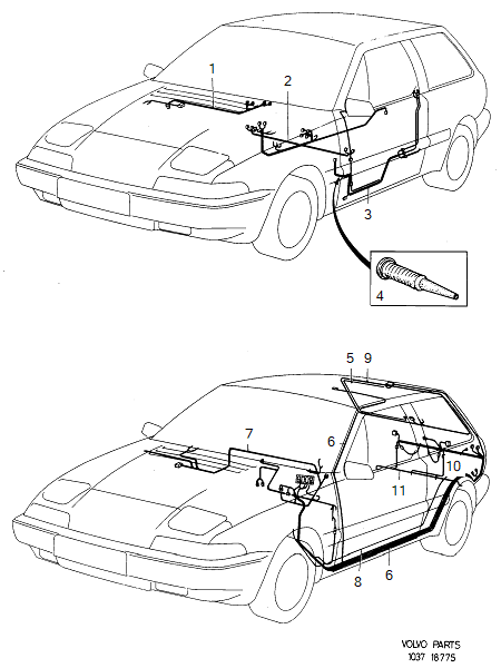 Wiring harness, 1990-1991, trim, rear door, Wiring harness, L.H.D, trim, rear door, Wiring harness, R.H.D, VOLVO-GR-18775
